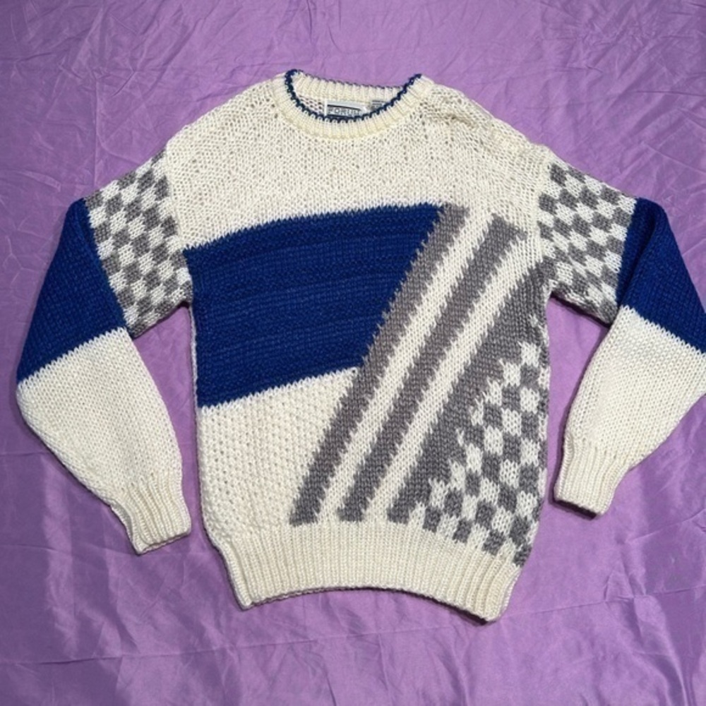Vintage Forum Cream, Blue & Gray Checkered Sweater